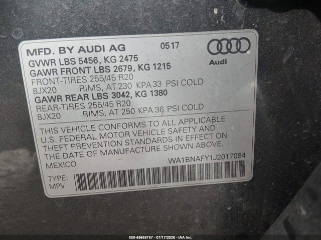 Auction sale of the 2018 Audi Q5 2.0t Premium/2.0t Tech Premium, vin: WA1BNAFY1J2017094, lot number: 45668757