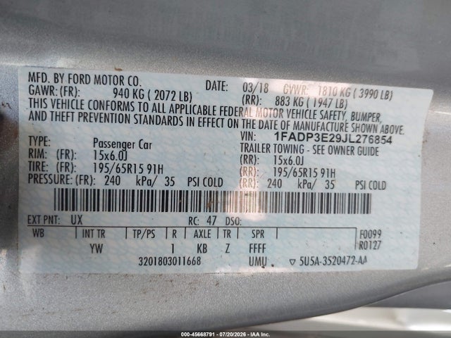 45668791 :رقم المزاد ، 1FADP3E29JL276854 vin ، 2018 Ford Focus S مزاد بيع