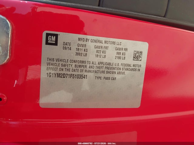 Продаж на аукціоні авто 2015 Chevrolet Corvette Stingray Z51, vin: 1G1YM2D71F5103541, номер лоту: 45668792