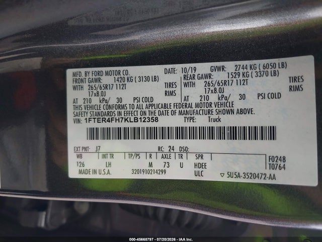2019 Ford Ranger Xlt მანქანა იყიდება აუქციონზე, vin: 1FTER4FH7KLB12358, აუქციონის ნომერი: 45668797