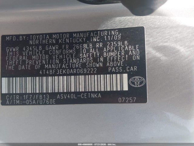 Aukcja sprzedaży 2010 Toyota Camry Le, vin: 4T4BF3EK0AR069222, numer aukcji: 45668800