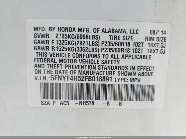 5FNYF4H52FB018891 Honda Pilot Ex-l