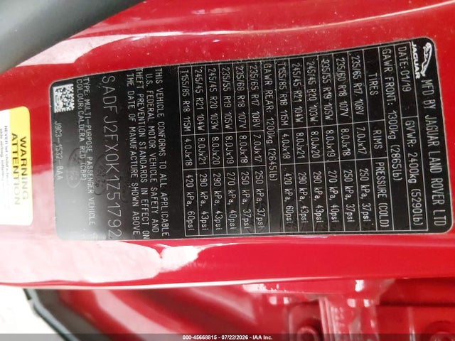 45668815 :رقم المزاد ، SADFJ2FX0K1Z51792 vin ، 2019 Jaguar E-pace S مزاد بيع