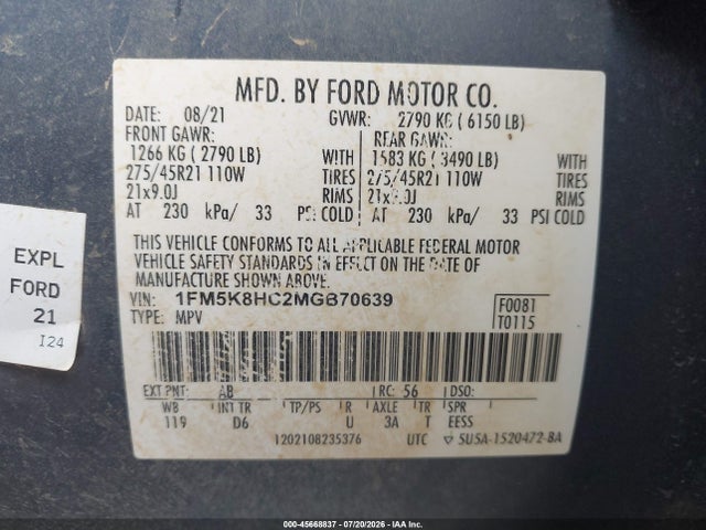 2021 Ford Explorer Platinum მანქანა იყიდება აუქციონზე, vin: 1FM5K8HC2MGB70639, აუქციონის ნომერი: 45668837