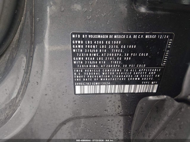 2025 Volkswagen Taos 1.5t Se მანქანა იყიდება აუქციონზე, vin: 3VVEC7B21SM013524, აუქციონის ნომერი: 45668844
