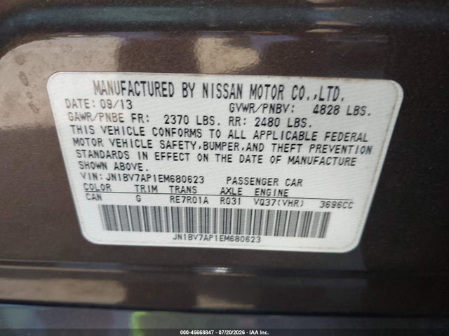Продажа на аукционе авто 2014 Infiniti Q50 Premium, vin: JN1BV7AP1EM680623, номер лота: 45668847