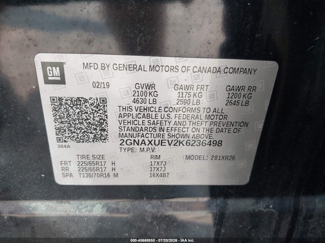 45668850 :رقم المزاد ، 2GNAXUEV2K6236498 vin ، 2019 Chevrolet Equinox Lt مزاد بيع