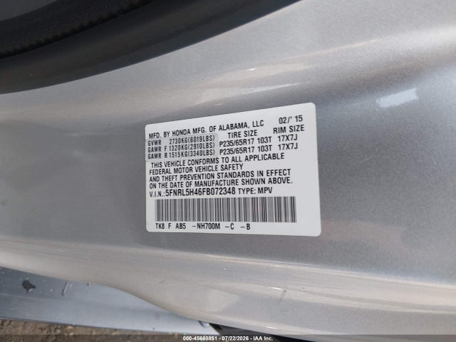 Aukcja sprzedaży 2015 Honda Odyssey Ex, vin: 5FNRL5H46FB072348, numer aukcji: 45668851