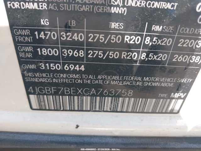 45668852 :رقم المزاد ، 4JGBF7BEXCA763758 vin ، 2012 Mercedes-benz Gl 450 4matic مزاد بيع