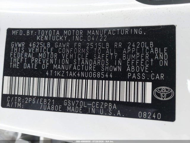 Aukcja sprzedaży 2022 Toyota Camry Trd, vin: 4T1KZ1AK4NU068544, numer aukcji: 45668858