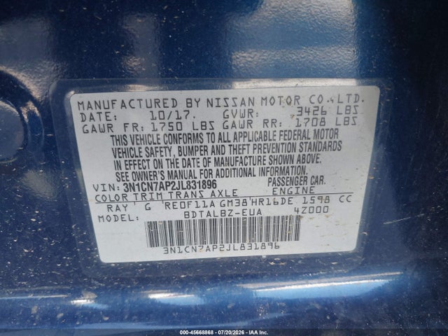 Aukcja sprzedaży 2018 Nissan Versa 1.6 Sv, vin: 3N1CN7AP2JL831896, numer aukcji: 45668868