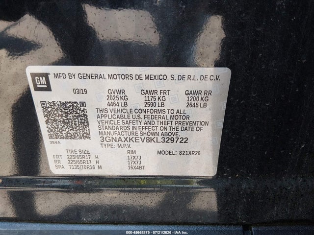 Aukcja sprzedaży 2019 Chevrolet Equinox Lt, vin: 3GNAXKEV8KL329722, numer aukcji: 45668879