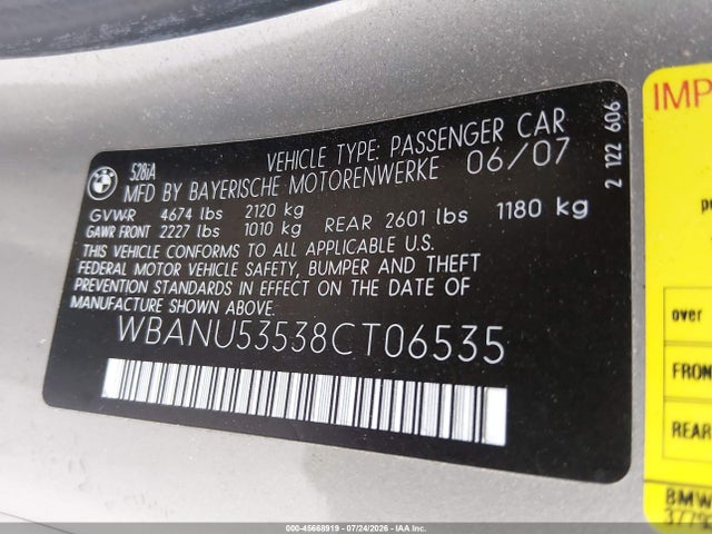 Продаж на аукціоні авто 2008 Bmw 528i, vin: WBANU53538CT06535, номер лоту: 45668919