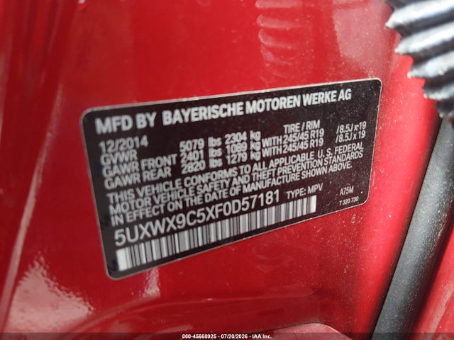 45668925 :رقم المزاد ، 5UXWX9C5XF0D57181 vin ، 2015 Bmw X3 Xdrive28i مزاد بيع