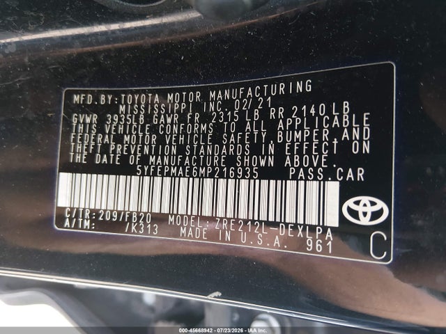 Toyota COROLLA LE 2021 5YFEPMAE6MP216935 Image 9