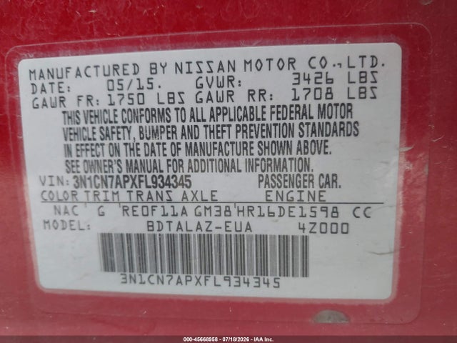 3N1CN7APXFL934345 Nissan Versa 1.6 S+