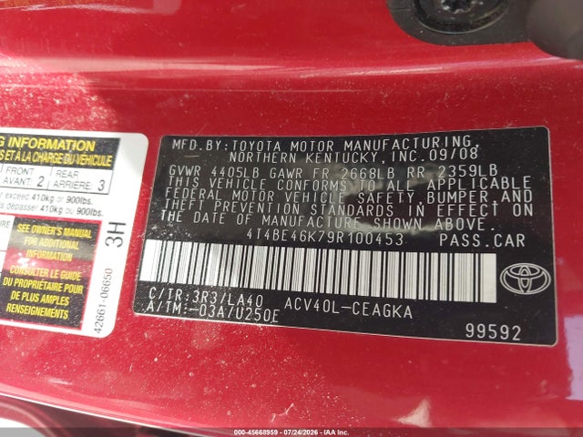 2009 Toyota Camry Xle მანქანა იყიდება აუქციონზე, vin: 4T4BE46K79R100453, აუქციონის ნომერი: 45668959