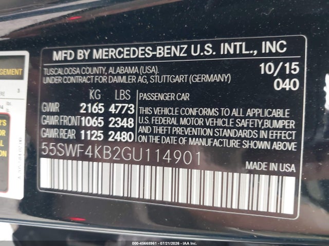 45668961 :رقم المزاد ، 55SWF4KB2GU114901 vin ، 2016 Mercedes-benz C 300 Luxury 4matic مزاد بيع