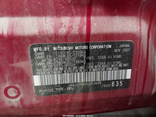 Продажа на аукционе авто 2022 Mitsubishi Outlander Es 2.5 S-awc, vin: JA4J4TA85NZ053949, номер лота: 45668967