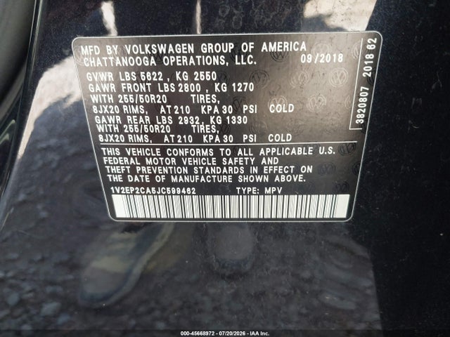 45668972 :رقم المزاد ، 1V2EP2CA5JC599462 vin ، 2018 Volkswagen Atlas 2.0t Sel مزاد بيع