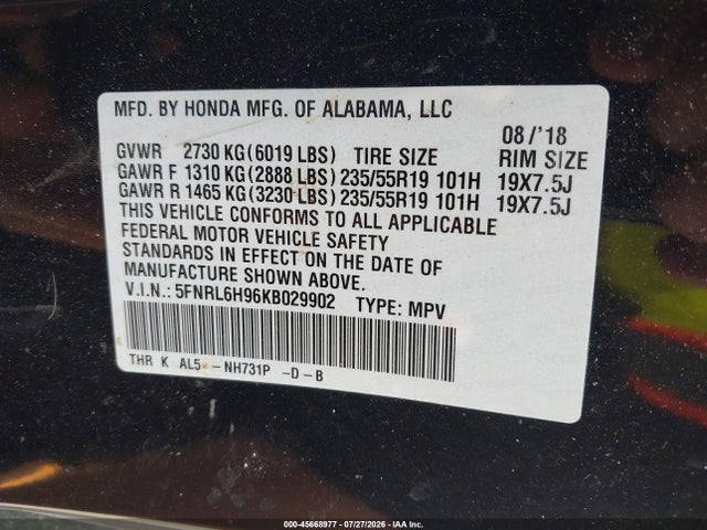 Aukcja sprzedaży 2019 Honda Odyssey Elite, vin: 5FNRL6H96KB029902, numer aukcji: 45668977