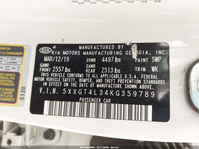 Aukcja sprzedaży 2019 Kia Optima Lx, vin: 5XXGT4L34KG359789, numer aukcji: 45668993