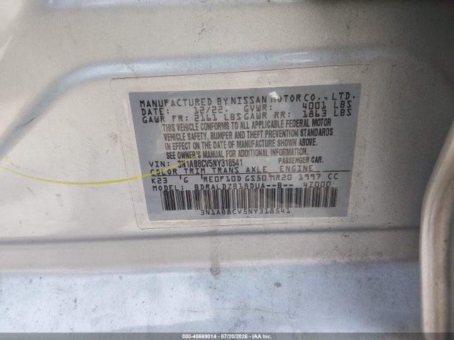 Aukcja sprzedaży 2022 Nissan Sentra Sv Xtronic Cvt, vin: 3N1AB8CV5NY318541, numer aukcji: 45669014