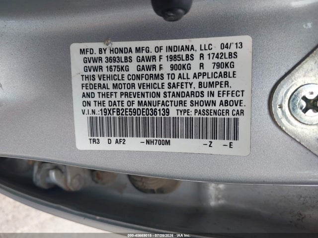 Aukcja sprzedaży 2013 Honda Civic Lx, vin: 19XFB2E59DE036139, numer aukcji: 45669015