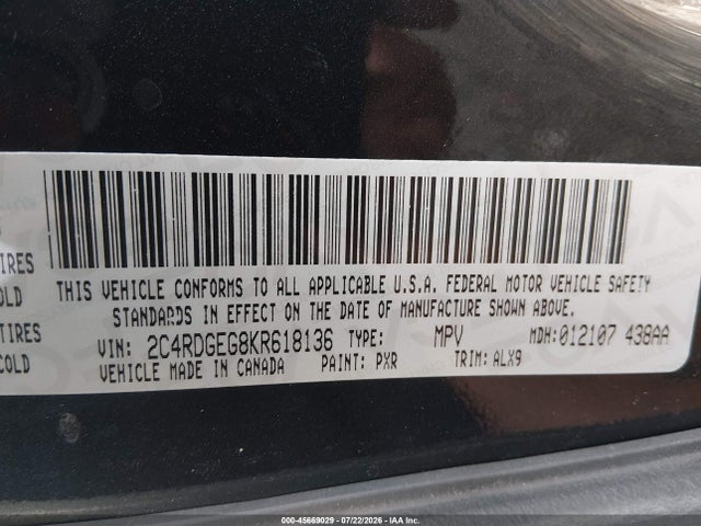 Продажа на аукционе авто 2019 Dodge Grand Caravan Gt, vin: 2C4RDGEG8KR618136, номер лота: 45669029