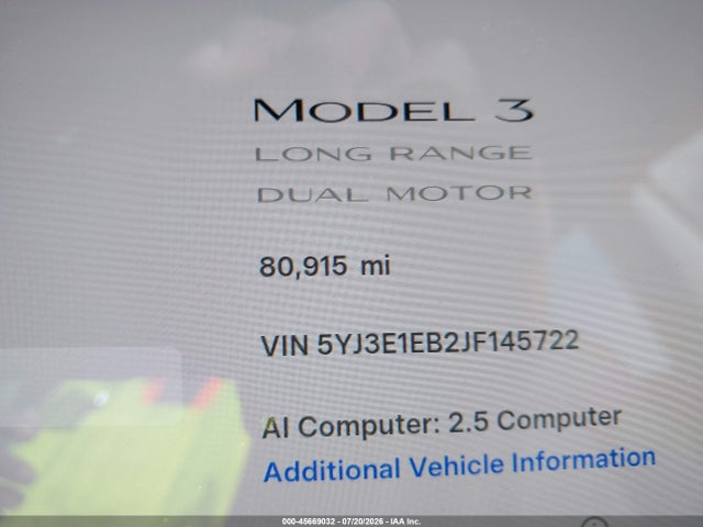 45669032 :رقم المزاد ، 5YJ3E1EB2JF145722 vin ، 2018 Tesla Model 3 Long Range/performance مزاد بيع