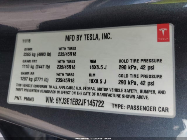 45669032 :رقم المزاد ، 5YJ3E1EB2JF145722 vin ، 2018 Tesla Model 3 Long Range/performance مزاد بيع
