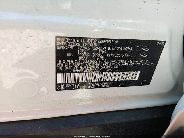 45669031 :رقم المزاد ، JTMB6RFV8SJ077257 vin ، 2025 Toyota Rav4 Hybrid Xle Premium مزاد بيع