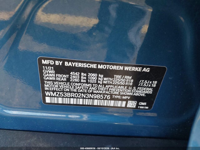 2022 Mini Countryman Cooper S მანქანა იყიდება აუქციონზე, vin: WMZ53BR02N3N98576, აუქციონის ნომერი: 45669036
