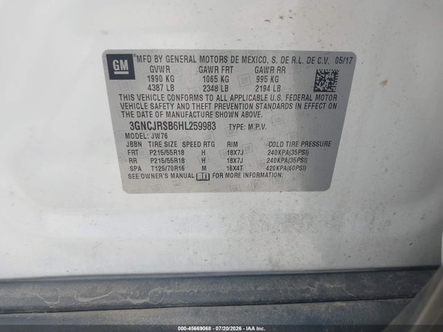 Aukcja sprzedaży 2017 Chevrolet Trax Premier, vin: 3GNCJRSB6HL259983, numer aukcji: 45669068
