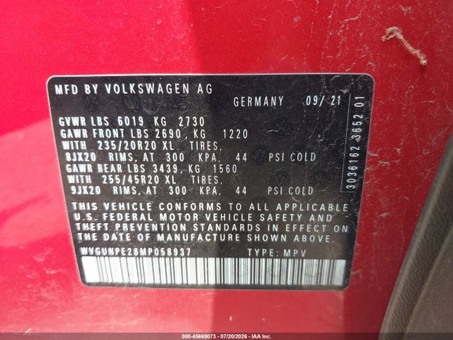 Продаж на аукціоні авто 2021 Volkswagen Id.4 Awd Pro S, vin: WVGUNPE28MP058937, номер лоту: 45669073
