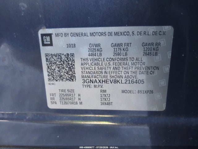 2019 Chevrolet Equinox Ls მანქანა იყიდება აუქციონზე, vin: 3GNAXHEV8KL216405, აუქციონის ნომერი: 45669077