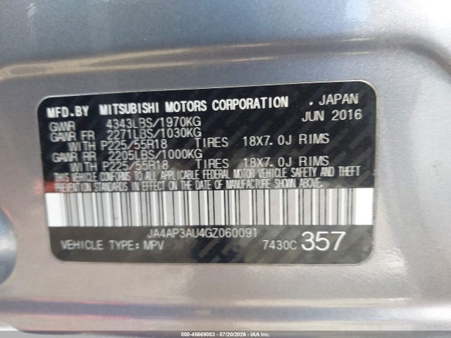 2016 Mitsubishi Outlander Sport 2.0 Es მანქანა იყიდება აუქციონზე, vin: JA4AP3AU4GZ060091, აუქციონის ნომერი: 45669083