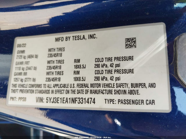 Продаж на аукціоні авто 2022 Tesla Model 3 Rear-wheel Drive, vin: 5YJ3E1EA1NF331474, номер лоту: 45669095