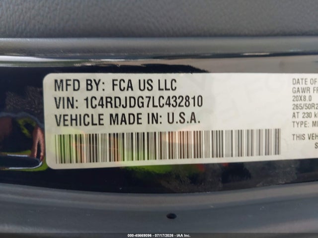 Продажа на аукционе авто 2020 Dodge Durango Gt Plus Awd, vin: 1C4RDJDG7LC432810, номер лота: 45669096