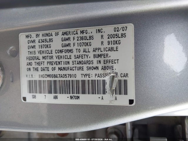 Продаж на аукціоні авто 2007 Honda Accord 3.0 Ex, vin: 1HGCM66847A057910, номер лоту: 45669118