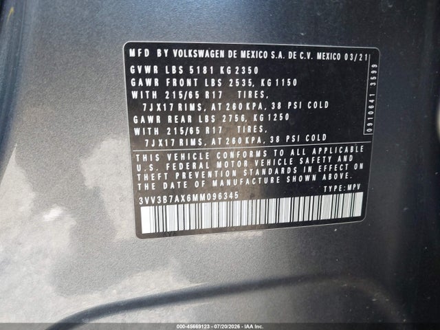 2021 Volkswagen Tiguan 2.0t Se/2.0t Se R-line Black/2.0t Sel მანქანა იყიდება აუქციონზე, vin: 3VV3B7AX6MM096345, აუქციონის ნომერი: 45669123