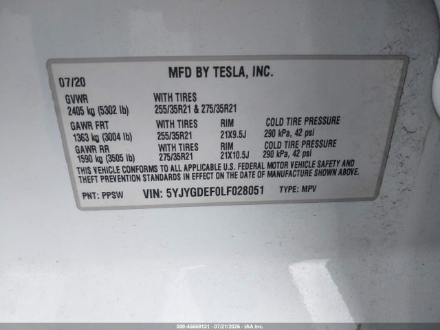 45669131 :رقم المزاد ، 5YJYGDEF0LF028051 vin ، 2020 Tesla Model Y Long Range Dual Motor All-wheel Drive/performance Dual Motor All-wheel Drive مزاد بيع