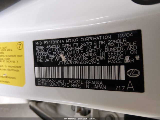 Продаж на аукціоні авто 2005 Lexus Es 330, vin: JTHBA30G955090942, номер лоту: 45669133
