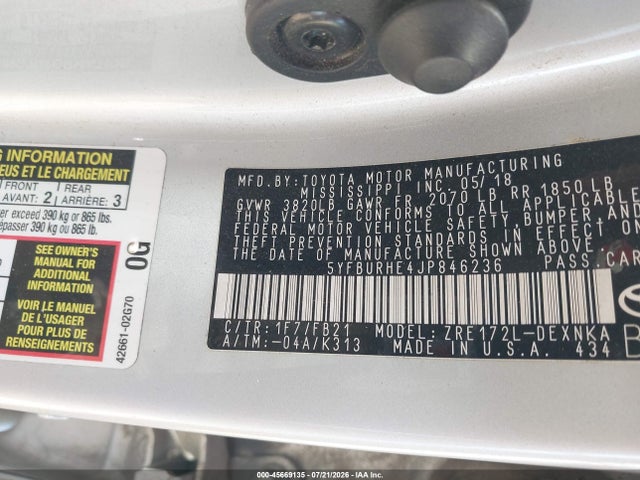 Aukcja sprzedaży 2018 Toyota Corolla Le, vin: 5YFBURHE4JP846236, numer aukcji: 45669135