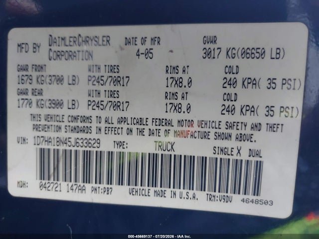 Aukcja sprzedaży 2005 Dodge Ram 1500 Slt/laramie, vin: 1D7HA18N45J633629, numer aukcji: 45669137