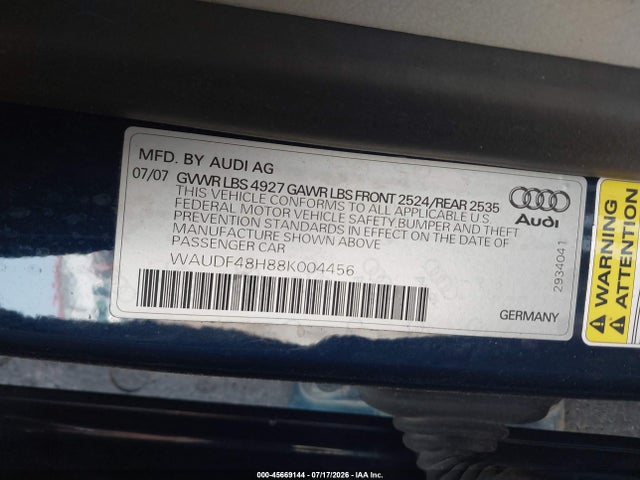 Продажа на аукционе авто 2008 Audi A4 2.0t, vin: WAUDF48H88K004456, номер лота: 45669144