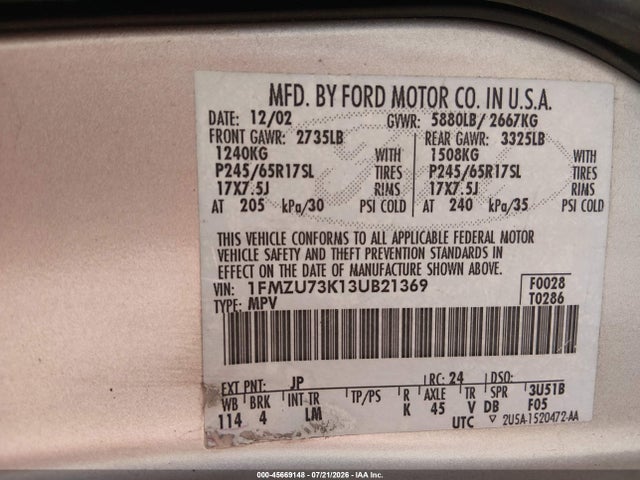 Продажа на аукционе авто 2003 Ford Explorer Nbx/xlt, vin: 1FMZU73K13UB21369, номер лота: 45669148
