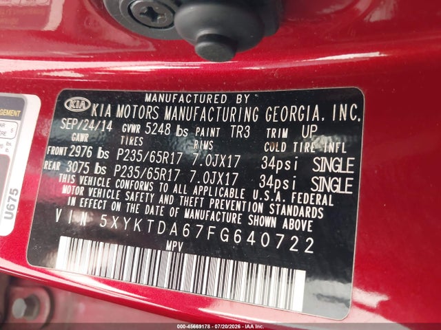 KIA SORENTO LX 2015 5XYKTDA67FG640722 Image 9