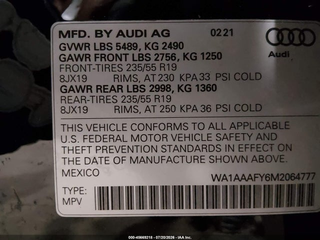 Aukcja sprzedaży 2021 Audi Q5 Premium 45 Tfsi Quattro S Tronic, vin: WA1AAAFY6M2064777, numer aukcji: 45669218