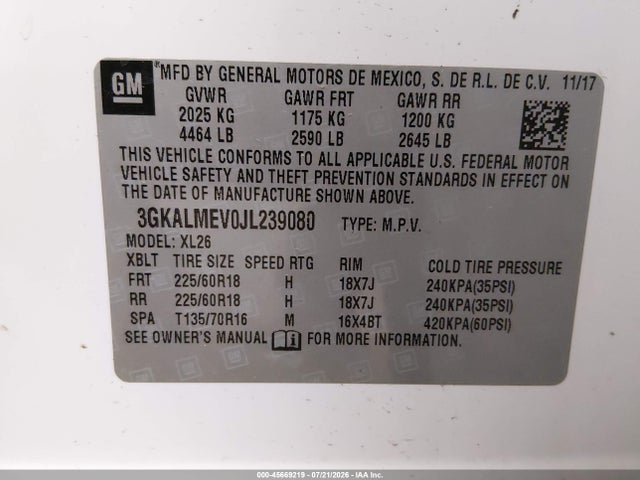 2018 Gmc Terrain Sle მანქანა იყიდება აუქციონზე, vin: 3GKALMEV0JL239080, აუქციონის ნომერი: 45669219